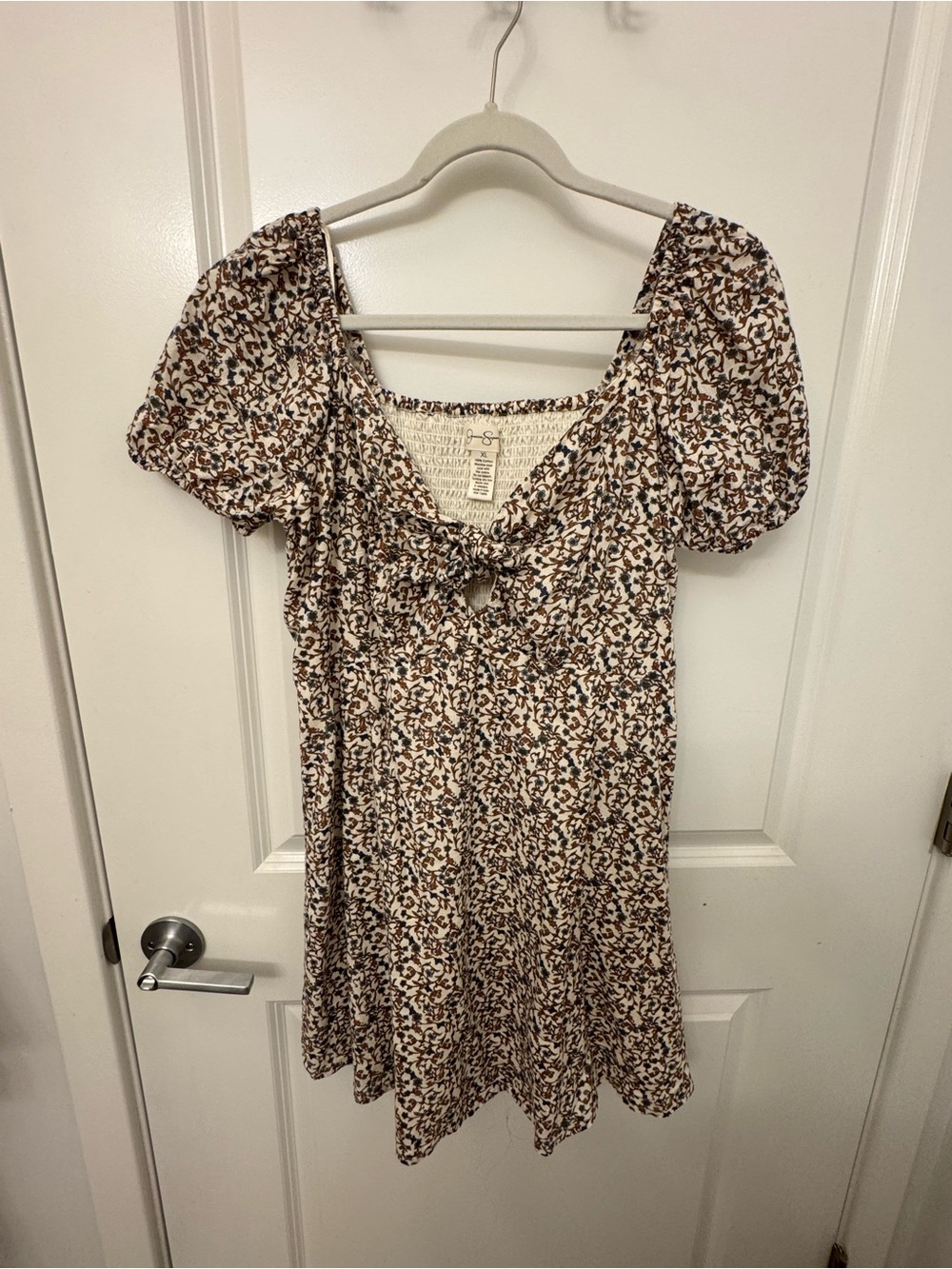 Jessica Simpson Cream Floral Tie-Neck Dress with Brown and Blue Print